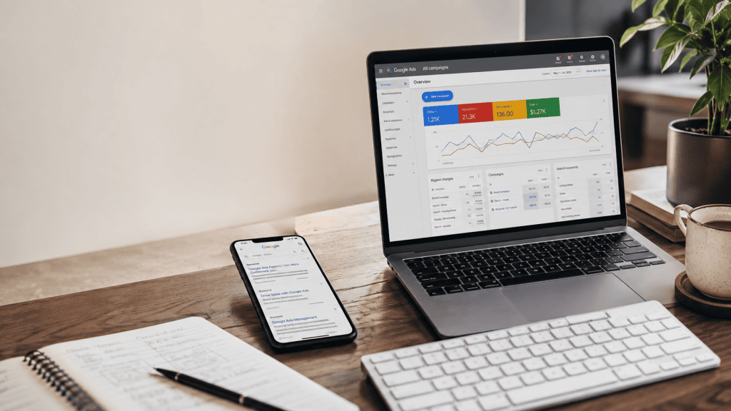 Google Ads campaign setup on a laptop for a small business