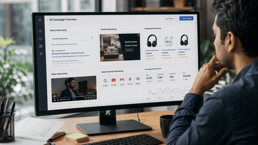 Different types of Google Ads campaigns including Search, Display, Shopping, and Video