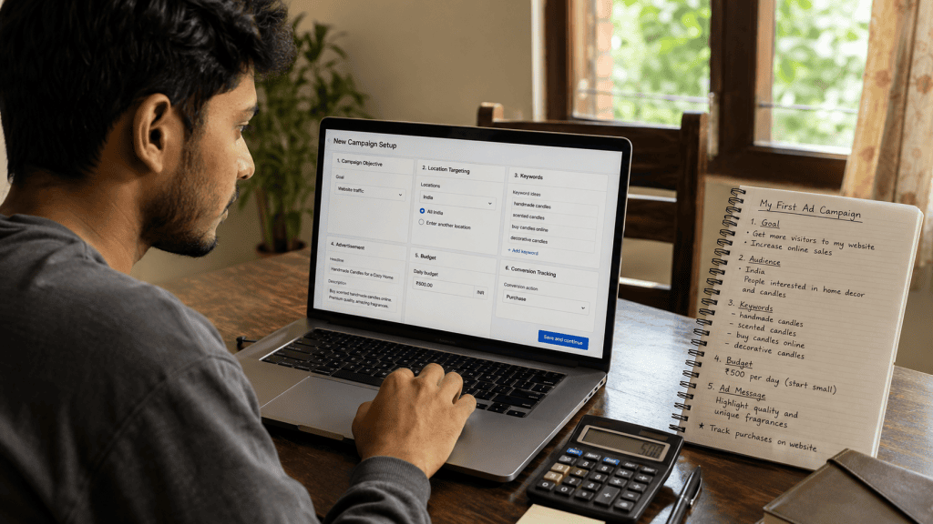 Beginner creating a Google Ads campaign on a laptop