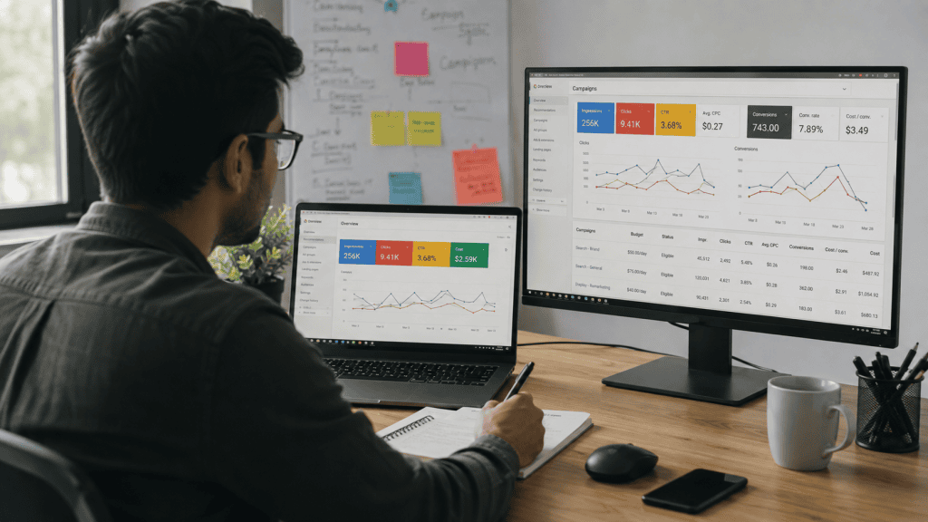 Digital marketer analyzing Google Ads campaign performance metrics