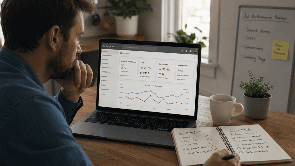 Small business owner reviewing common Google Ads campaign problems