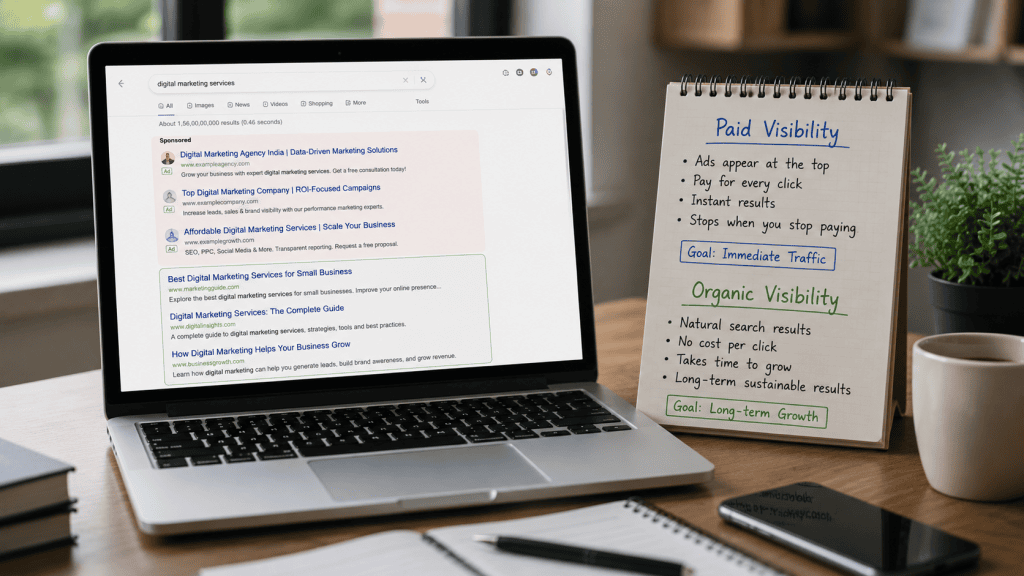 Comparison of Google Ads paid results and organic SEO search results