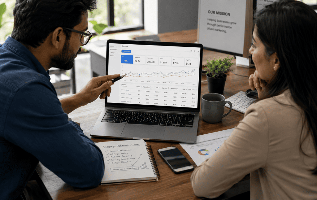 Digital marketers reviewing Google Ads performance and campaign growth