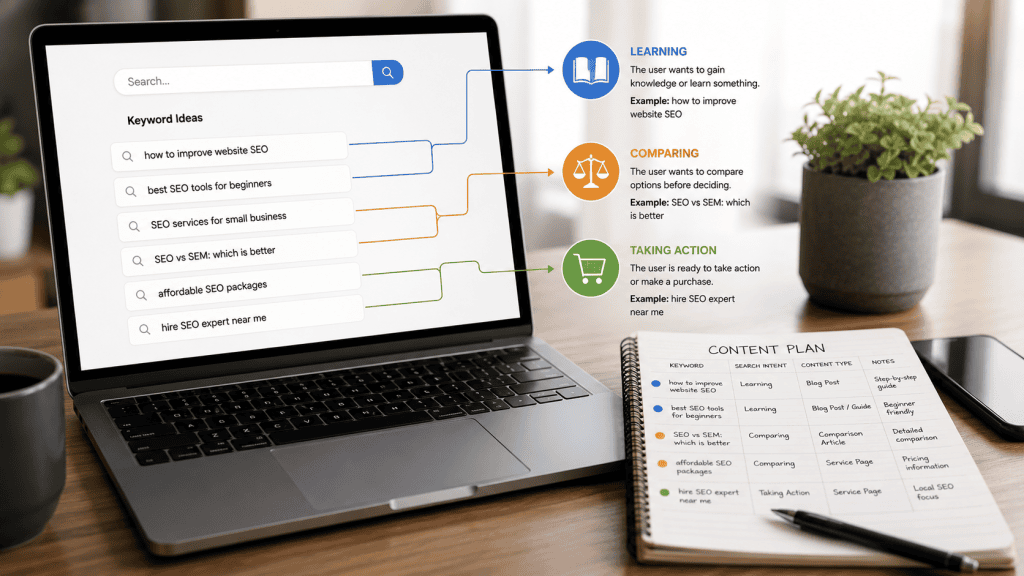 Keyword research connected with different search intents