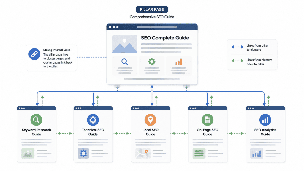 Pillar page connected to supporting SEO articles through internal links