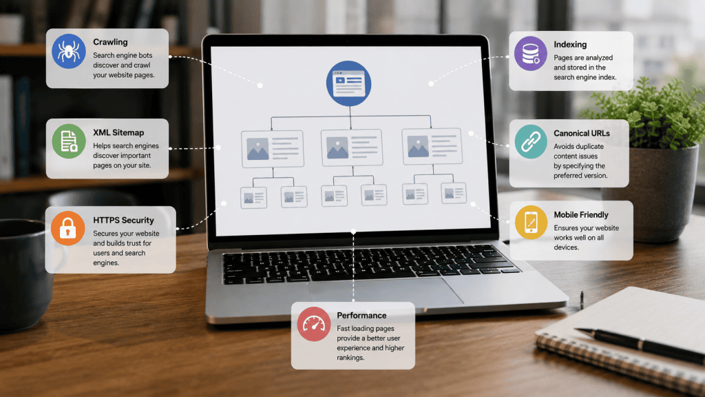 Technical SEO elements including crawling indexing and website performance