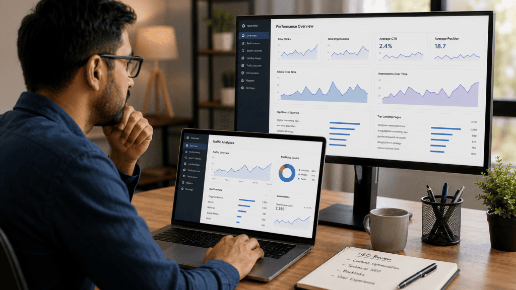 SEO analytics dashboard showing organic search performance